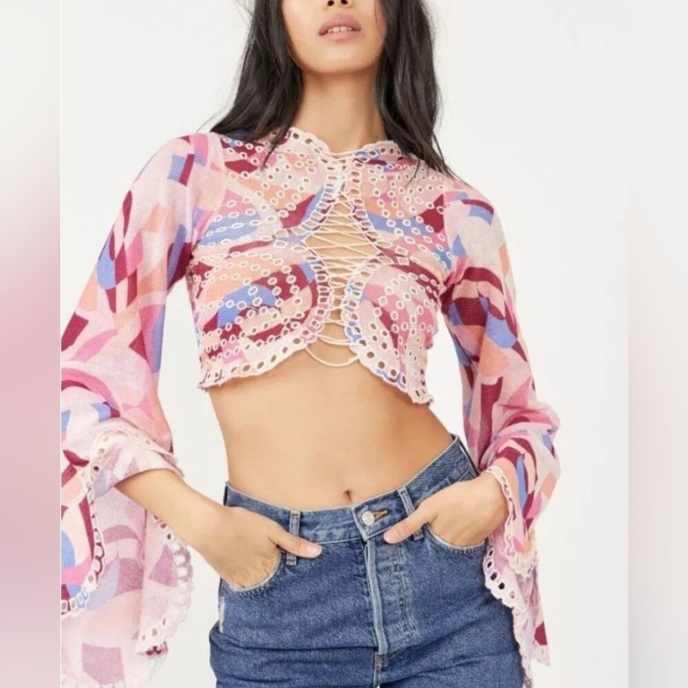 Free People Womens Eyes On You Mesh Bell Sleeve Lace Up Crop Top Pink M NWT